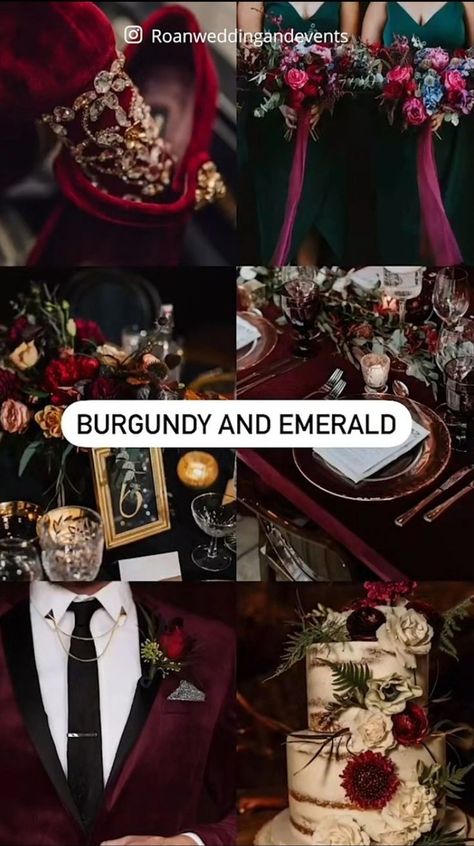 Wine And Gold Wedding Theme, Pine Green And Burgundy Wedding, Forest Green And Red Wedding Theme, Wedding Black And Red Theme, Emerald And Ruby Wedding Theme, Dark Red Wedding Color Schemes, Emerald Green Maroon And Gold Wedding, Deep Red And Purple Wedding, Red And Green Color Scheme