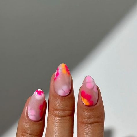 Marnie 🍒🌸🦋🌈✨ on Instagram: "colourful blooming summer flowers 🌸🌺🌼  ring from @thechicwomen - code NAILOLOGIST for 25% off ✨  #nails #nailinspo #nailart #summernails #bloominggel #junenails #naildesign #nailsofinstagram" Marble Flower Nails, Summer Colourful Nails, Colourful Flower Nails, Summer Blooming Gel Nails, Summer Nails Blooming Gel, Colourful Nails For Summer, Bloom Nail Art, Nail Designs Blooming Gel, Nail Blooming Gel