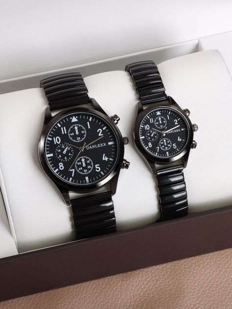 2pcs Stylish Classic Round Couple's Quartz Wristwatch With Black Elastic Band  Business   Zinc Alloy  Wrist Watches   Couple Watches, size features are:Bust: ,Length: ,Sleeve Length: Couple Watches Set, Stylish Watches Men, Black Couple, Couple Watch, Men Jewelry, Stylish Watches, Black Watch, Wrist Watches, Quartz Watch