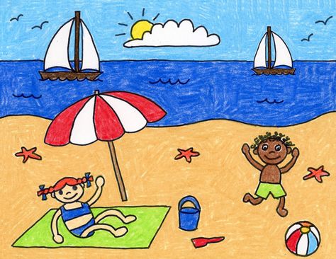 Beach Drawing Beach Art Projects, Scenery Drawing For Kids, Beach Coloring Pages, Drawing Videos For Kids, Summer Drawings, Beach Drawing, Tree Coloring Page, Art Projects For Kids, صفحات التلوين