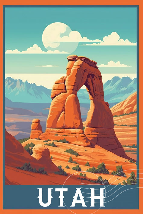 Vintage Utah Poster, Vintage Camp Poster, Utah Illustration, Utah Wallpaper, Western Mural, Utah Aesthetic, Utah Poster, Cool Poster Designs, Vintage National Park