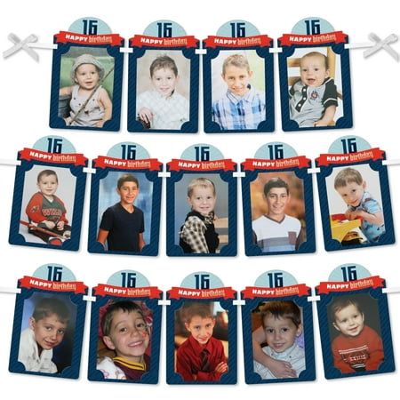 Complete your birthday party decor with a Boy 16th Birthday Photo Banner. This DIY Picture Banner is a fun and damage free way to show off a Picture Display. Boy 16th Birthday Photo Banner includes 14 birthday-themed photo holders to insert your own 4x6 photos vertically. Boy 16th Birthday Photo Banner is professionally printed on sturdy cardstock paper and will require easy do-it-yourself assembly. Start by inserting your vertical 4x6 photo into the pre-cut corner tabs of each photo holder. Fol Boy 16th Birthday, Birthday Party Venues, Picture Banner, Birthday Photo Banner, Birthday Themes For Boys, Happy 16th Birthday, Sixteenth Birthday, Printed Photo, Sweet Sixteen Birthday