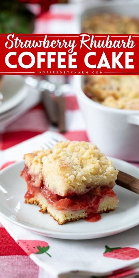 Indulge in this easy Easter dessert recipe! It will become one of your favorite spring baked goods. Not only is this Strawberry Rhubarb Coffee Cake moist, but it also has a sweet and tangy filling plus a buttery crumb topping! Rhubarb Breakfast Cake, Strawberry Rhubarb Coffee Cake, Rhubarb Breakfast, Rhubarb Coffee Cake, Rhubarb Cake Recipes, Rhubarb Coffee Cakes, Fresh Rhubarb, Rhubarb Custard, Streusel Cake