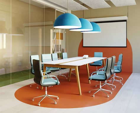 Meeting Room Coworking Space, Coworking Conference Room, Coworking Meeting Room, Creative Conference Room Design, Commercial Office Design Workspaces, Community Room Interior Design, Colorful Corporate Office, Red Conference Room, Colorful Meeting Room