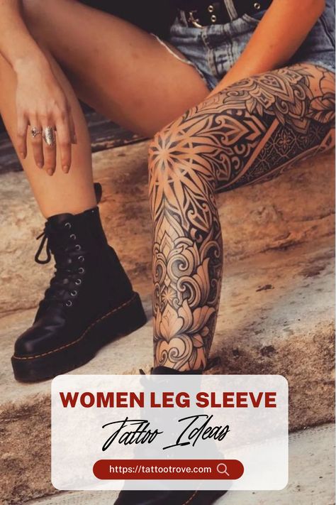 Women Leg Sleeve Tattoo  Ideas Ladies Arm Sleeve Tattoo, Flower Mandala Leg Tattoo, Leg Tattoos Mandala Women, Tattooed Woman Leg, Womens Leg Sleeve Tattoo Ideas, Women's Leg Sleeve Tattoo, Boho Leg Sleeve Tattoo, Women Half Leg Sleeve Tattoo, Half Sleeve Leg Tattoos For Women