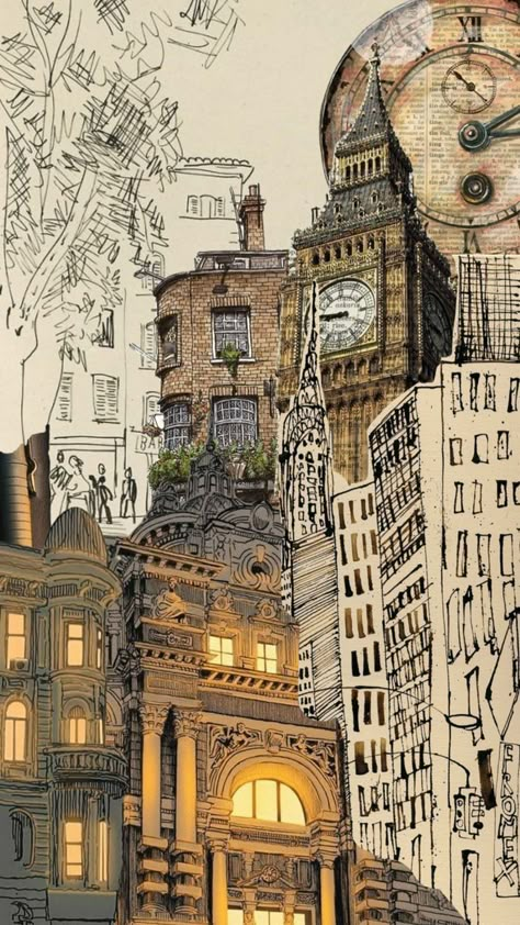 Graphic Art Collage, Architecture Drawing Collage, Newspaper Mixed Media Art, Collage Art Buildings, Collage Of Sketches, City Art Project, Art Collage Ideas Projects, Vintage Building Drawing, Sketch Collage Drawings