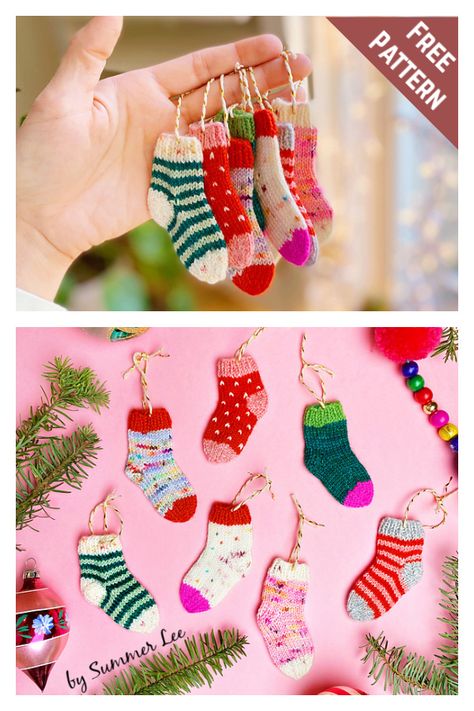 Tiny Tree Socks Free Knitting Pattern Christmas Decor Knitting Patterns, Xmas Socks Diy, Quick Christmas Knits, Easy Christmas Knitting Projects, Free Christmas Tree Knitting Patterns, Diy Christmas Socks Decoration, Christmas Knitted Decorations, Christmas Sock Ideas, Mini Knitting Projects