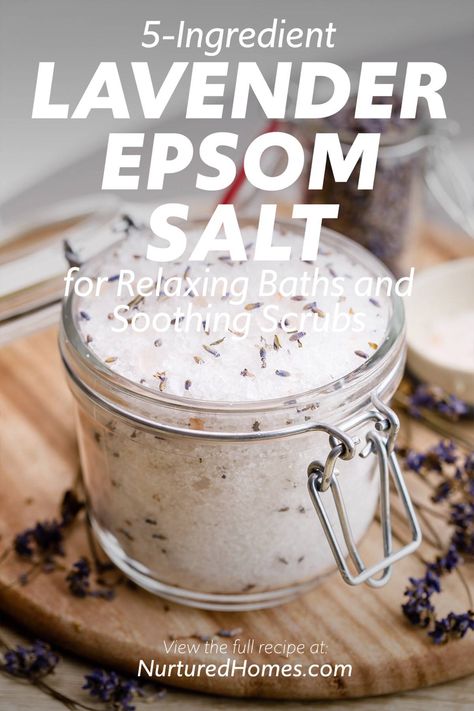 Lavender Salt Scrub, Lavender Epsom Salt Bath Diy, Diy Epsom Salt Soak, Epsom Salt Storage Ideas, Epson Salt Scrub Recipes, Epsom Salt Scrub Diy, Diy Epsom Salt Scrub, Epsom Salt Scrub Recipe, Epsom Salt Bath Recipe