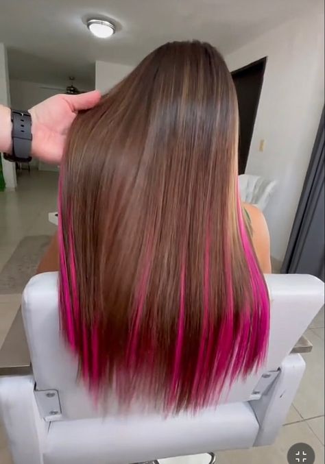 Pink Underneath Hair, Brown To Pink Balayage, Pink Hair Tips, Pink Peekaboo Hair, Brown And Pink Hair, Rose Gold Hair Brunette, Pink Hair Streaks, Pink Hair Highlights, Pink Hair Extensions