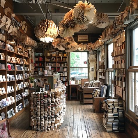 Cozy Bookstore Nook: A charming bookstore filled with towering stacks of books and whimsical paper decorations adorning the space. #bookstore #books #reading #literature #cozy #aiart #aiphoto #stockcake ⬇️ Download and 📝 Prompt 👉 https://ayr.app/l/rVAK Witchy Bookstore Aesthetic, Magical Bookstore Aesthetic, Bookshop Interior Design, Bookshop Coffee Shop, Small Bookstore Interior, Book Shop Interior, Moody Bookstore, Whimsical Bookstore, Book Shop Cafe