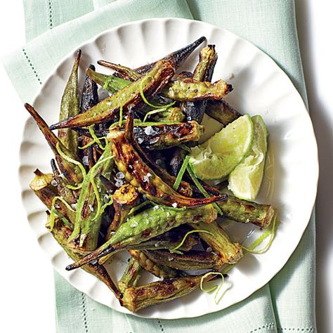 Charred Okra Charred Okra, Grilled Okra, Grill Nation, Roasted Okra, Okra Recipe, Okra And Tomatoes, Produce Recipes, Farmers Market Recipes, Okra Recipes