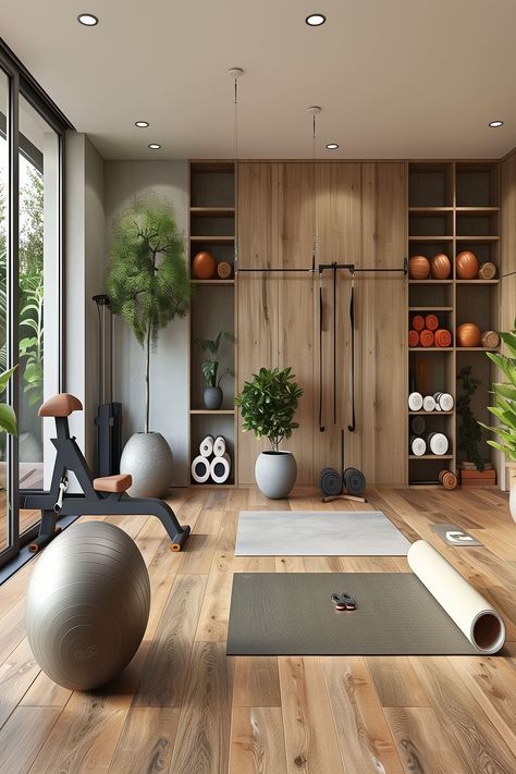 21 Home Gym Ideas - Remodr Sport Office Design, Weight Room Ideas Home Gyms, Fitness Room Ideas Home, Home Yoga Room Ideas, At Home Gym Ideas, Cabin Gym, Home Fitness Room, Home Gym Aesthetic, Modern Home Gym Design