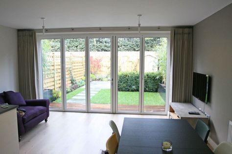 Lined and interlined curtains on a stainless steel passing ring system - by Moghul Curtains Bifold Doors, Bifold Door Curtains Ideas, Bifold Door Curtains, Bifold Curtains, Bifold Blinds, Curtains For Bifold Doors, Blinds For Bifold Doors, Lounge Diner, Curtain Inspiration