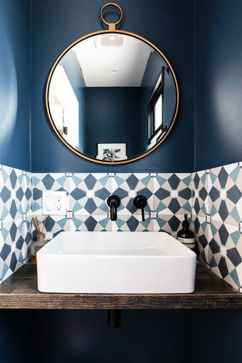 Spanish Modern - Mediterranean - Powder Room - Los Angeles - by Texture Living Inc | Houzz Mediterranean Powder Room, Powder Room Ideas, Powder Room Vanity, Spanish Modern, Spanish Mediterranean, Modern Mediterranean, Powder Room Decor, Mediterranean Design, Powder Room