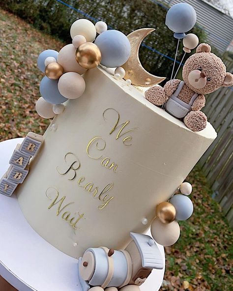 We can bearly wait! Handmade caketoppers! 💙🤍… | Instagram Bear Cake Gender Reveal, Babyshower Teddy Bear Boy, Bearly Wait Cake Ideas, Baby Shower Cake Bear Theme, We Can Bearly Wait Desserts, Boho Bear Cake, We Can Bearly Wait Cake Ideas, Babyshowercakes Cake Designs, We Can Barely Wait Cake