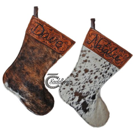 Bar C Saddlery ~~ Custom leather Christmas stocking with custom tooled name and floral design Leather Stocking Christmas, Leather Christmas Stocking, Homemade Stockings Christmas, Cowgirl Crafts, Cowhide Christmas, Leather Goodies, Leather Christmas, Saddle Shop, Leather Patterns