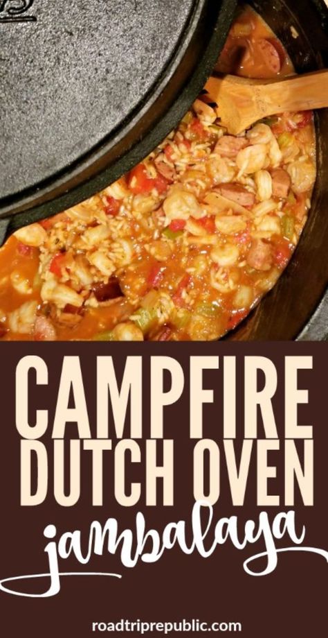 Dutch Oven Jambalaya Recipe, Dutch Oven Jambalaya, Campfire Soup, Scout Recipes, Campfire Bread, Bacon Lasagna, Camp Meals, Dutch Oven Camping Recipes, Campfire Recipes