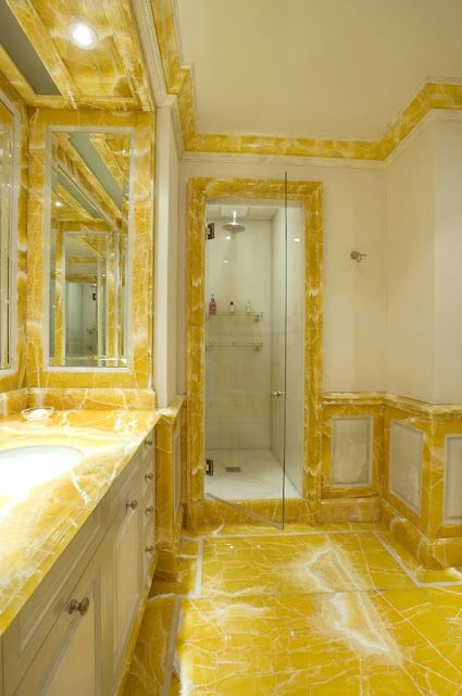 Bathroom--look at this gorgeous yellow marble. Yellow Painted Rooms, Yellow Tile Bathroom Ideas, Onyx Tile Bathroom, Yellow Tile Bathroom, Marble Bathroom Designs, Onyx Tile, Corporate Interior Design, Yellow Tile, Yellow Marble