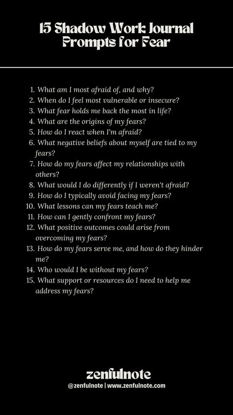 Engaging with shadow work can help uncover the root of these fears and lead to personal growth and healing. Approach these questions with kindness and patience towards yourself, and remember that shadow work is a process. It might be helpful to journal your responses, revisit them periodically, and seek the support of a therapist or a support group if you're dealing with particularly challenging fears. Shadow Work Journal Prompts Fear, Shadow Work Journal Aesthetic, Shadow Writing Prompts, Shadow Work For Fear, Shadow Work What Is It, Inner Work Questions, Fear Of Being Seen Shadow Work, Shadow Work Toxic Relationship, Shadow Work Jealousy