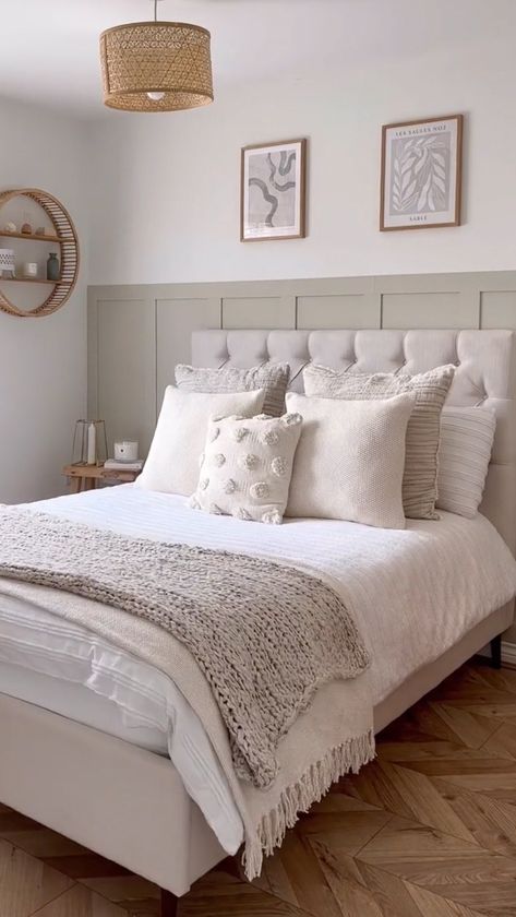 “I really do believe finding the right colour is so crucial for the overall look in a space, do you agree?” We love this bedroom… | Instagram Main Bedroom Colour Scheme, Neutral Bedroom With Grey Bed, Cream Panelling Bedroom, Beige Panelling Bedroom, White Furniture Bedroom Colour Schemes, Green Panelling Bedroom, Grey And Neutral Bedroom, Grey And Cream Bedroom, Beige Panelling