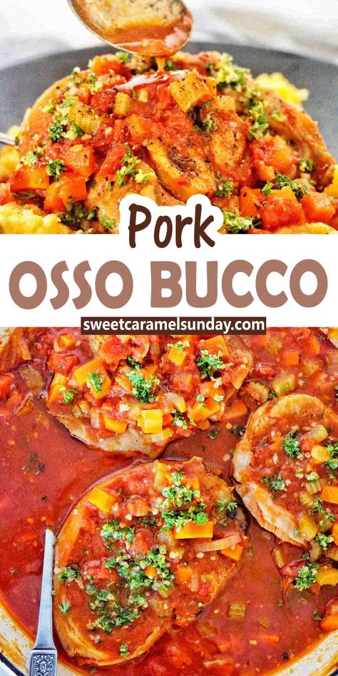 Spoon pouring sauce over pork osso bucco in white plan with large silver spoon. Text is written between 2 images. Pork Cassoulet Recipe, Pork Bones Recipe, Pulled Pork Stew, Pork Osso Bucco, Pork Osso Bucco Recipe, Osso Bucco Recipe, Pork Stew Recipes, Osso Bucco, Pork Soup