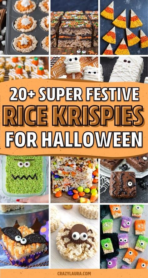 Need a quick and easy dessert recipe to make for your Halloween party!? Check out these super tasty Halloween rice krispie treat recipes for ideas to get started! #halloweentreats #halloweenrecipes #halloweendesserts #halloweenideas How To Make Halloween Rice Crispy Treats, Halloween Themed Rice Crispy Treats, Halloween Desserts Rice Krispies, Rice Krispie Treat Halloween Ideas, Crispy Rice Desserts, Halloween Food Ideas Rice Krispies, Halloween Treats With Rice Krispies, Cool Rice Krispie Treat Ideas, Rice Krispie Ghost Treats