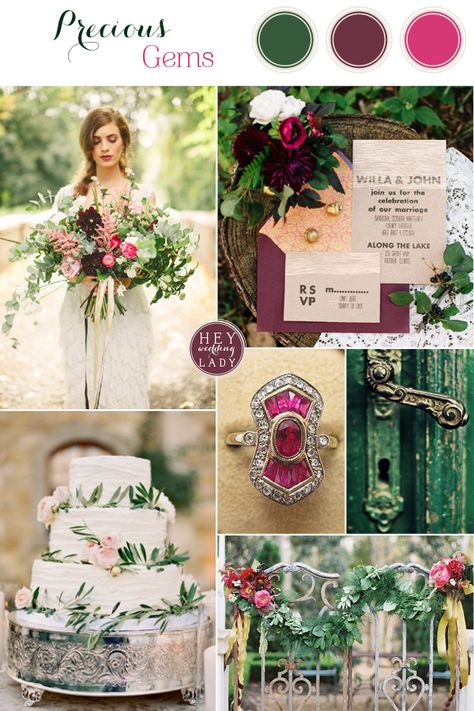 I'm looking more at the darker sort of burgundy color, and then gold instead of the pinkish color to go with the green. Thoughts? Precious Gems – Emerald and Antique Ruby Wedding Inspiration Elope Ideas, Fuchsia Wedding, Ruby Wedding, Emerald Wedding, Wedding Palette, Theme Color, Wedding Color Palette, Wedding Color, Precious Gems