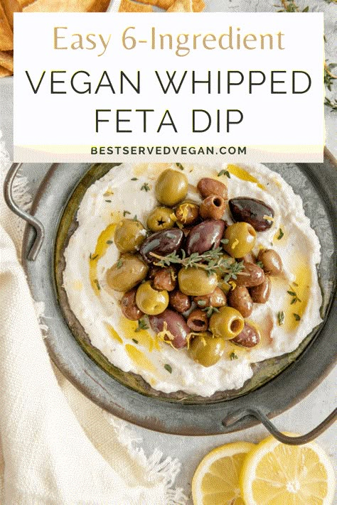 This vegan whipped feta only has only 6 ingredients and is so addicting! It comes together in 5 minutes but looks and tastes totally gourmet. It has a creamy, yet tangy flavor, and it is the perfect snack or sharable appetizer for any party or gathering. Enjoy it as a dip with veggies and crackers, in a sandwich for lunch, as part of a vegan charcuterie board, or even on a buddha bowl or salad. Dip With Veggies, Vegan Charcuterie Board, Vegan Dip Recipes, Baked Plantain Chips, Sandwich For Lunch, Vegan Greek Yogurt, Healthy Party Snacks, Vegan Feta Cheese, Vegan Party Food