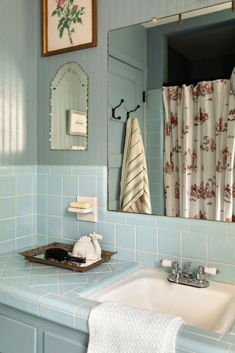 Old Hickory Village Renovation — ELLEN CLARK INTERIORS Blue Tile Bathroom Vintage, Vintage Blue Tile Bathroom, Blue Vintage Bathroom, Retro Blue Bathroom, Vintage Tile Bathroom, Blue Bathroom Tile, Nice Room, Cottage Bathroom, Beautiful Rooms