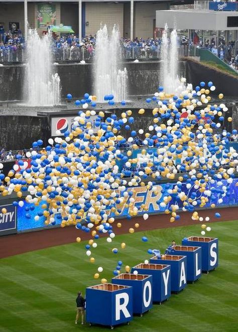 Balloons were released in the opening ceremonies Monday, April 6, 2015, at the Kansas City Royals season opening game with the Chicago White Sox at Kauffman Stadium. Opening Ceremony Ideas, Release Ceremony, Launch Event Ideas, Kc Royals Baseball, Kauffman Stadium, Sporting Kc, Kansas City Royals Baseball, Gallery Opening, Royals Baseball