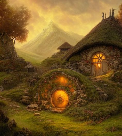 The Shire Landscape, Shire Landscape, Hobbit Hole Painting, Hobbit Landscape, Store Concept Art, Fantasy Cottage Art, Hobbit Shire, Fairy Cottage House, Magical Cottage