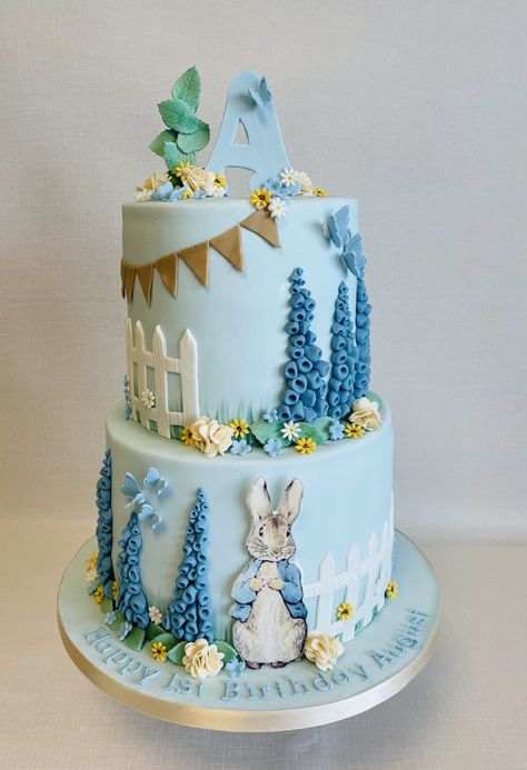 2 tier Peter Rabbit theme 1st birthday cake with country theme Peter Rabbit 1st Birthday Cake, Peter Rabbit Theme, Tooth Party, Nice Cakes, Second Birthday Cakes, Peter Rabbit Cake, Cake Designs For Kids, Rabbit Theme, Twins Cake