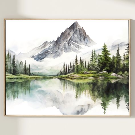 Mountain Lake Watercolor Mountains Painting Wall Art Panoramic Landscape Home Decor Gift Mountain Lake Painting, Lake Watercolor, Panoramic Landscape, Mountains Painting, Lake Painting, Watercolor Mountains, Mountain Paintings, Beginner Painting, Painting Wall Art