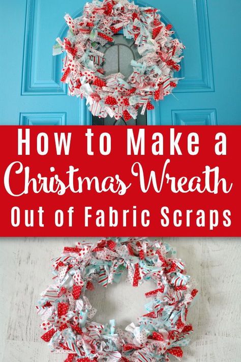 Fabric Scrap Wreath Diy, Fabric Holiday Crafts, Material Christmas Decorations, Fabric Christmas Wreath Diy, No Sew Christmas Wreath, Material Wreaths Scrap Fabric, Tied Fabric Wreath, Christmas Fabric Wreaths Diy, Fabric Wreaths Diy No Sew Christmas