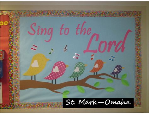 Sunday school bulletin board - a nice musical themed one for spring. Sunday School Bulletin Board Ideas, Bible Bulletin Boards, School Bulletin Board Ideas, Kids Bulletin Boards, Music Bulletin Boards, Class Bulletin Boards, Christian Bulletin Boards, Sunday School Decorations, Summer Bulletin Boards