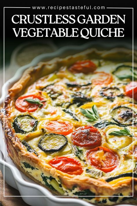 This vibrant Crustless Garden Vegetable Quiche is a healthy and satisfying dish that's both gluten-free and dairy-free. Packed with fresh zucchini, spinach, and tomatoes, it’s a light yet filling quiche that’s perfect for breakfast, brunch, or a simple weeknight dinner. With a rich, egg-based custard and aromatic basil, this quiche is a flavorful, nutritious choice for anyone seeking a wholesome, plant-forward meal. Tomato Quiche Crustless, Breakfast Quiche Vegetarian, No Cheese Quiche Recipes, Vegetarian Gluten And Dairy Free Recipes, Recipe For Quiche Simple, Breakfast Quiche Dairy Free, Crustless Garden Vegetable Quiche, Broccoli Feta Quiche, Spinach Crustless Quiche Recipes