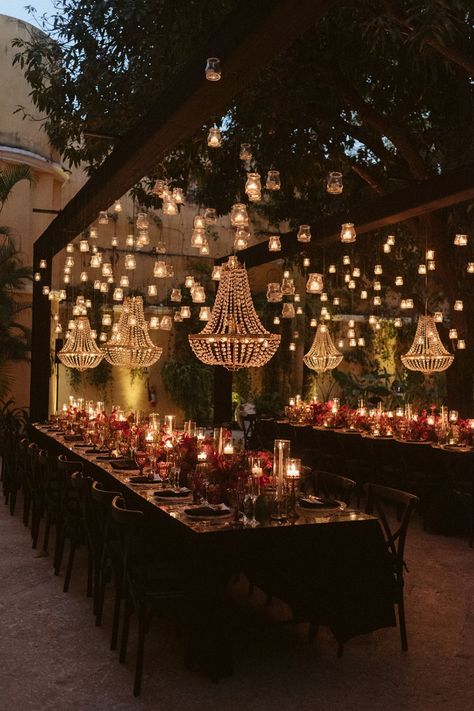 Dark Romantic Halloween Decor, Moody Wedding Venue Decor, Dark Romantic Outdoor Wedding, Dark Sultry Wedding, Moody Wedding Lighting, Chandelier Outside Wedding, Romantic Wedding Style Decor, Modern Bohemian Wedding Decor, Dark Romantic Wedding Flowers