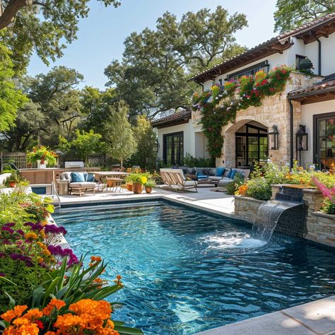 19+ Chic Pool Landscaping Designs to Elevate Your Outdoor Space • 333+ Images • [ArtFacade] Spanish Style Pool, Pool Courtyard, Tropical Pool Landscaping, Terrace Pool, Spanish Garden, Terrace Garden Design, Pool Landscape Design, Farmhouse Landscaping, Pool Waterfall