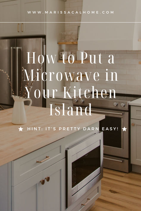 The kitchen island is probably THE best place to put a microwave, and a countertop model with a trim kit is the way to go. Why? It comes down to three main reasons: counter space, cost, and ease of installation. I’ll show you the best way to get your built-in island microwave, and if you don’t have a kitchen island, don’t worry, this can work for lower cabinets too. I’d much rather a pretty vent hood be the focal point! I’ve DIY’ed this three times in my own kitchens. Read on to learn how! Farmhouse Kitchen Island With Microwave, Diy Kitchen Island With Microwave, Microwave Beside Stove, Small Kitchen Island With Microwave, Microwaves In Islands, Where To Put Microwave In Kitchen Countertops, Microwave In Lower Cabinet Built Ins, Microwave Trim Kit Diy, Best Place For Microwave In Kitchen