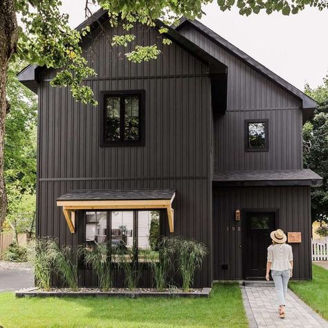 Brown Siding With Black Windows, Black Fox Exterior Paint, Black And Cedar House Exterior, Exterior Addition, Vinyl Siding Styles, Addition Exterior, Black Siding, Grey Vinyl Siding, Black Paint Colors