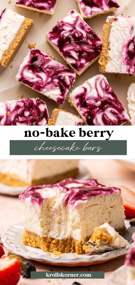 No Bake Berry Cheesecake Bars • Kroll's Korner No Bale Cheesecake, Berry Cheesecake Bars, Berry Cheesecake Recipes, Vanilla Bean Cheesecake, Cheesecake Layer, Berry Cheesecake, Bake Cheesecake, Breakfast Drink, Bar Recipes