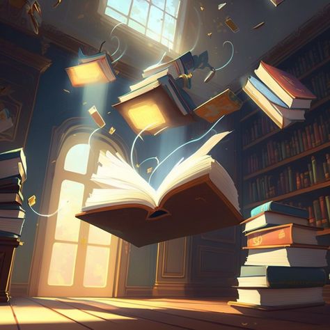 Floating magical books Magic Adventure Aesthetic, Wizard School Art, Magical Book Illustration, Floating Book Drawing, Magic Library Illustration, Magical School Art, Magical Book Drawing, Magic Book Concept Art, Magic Classroom Fantasy Art