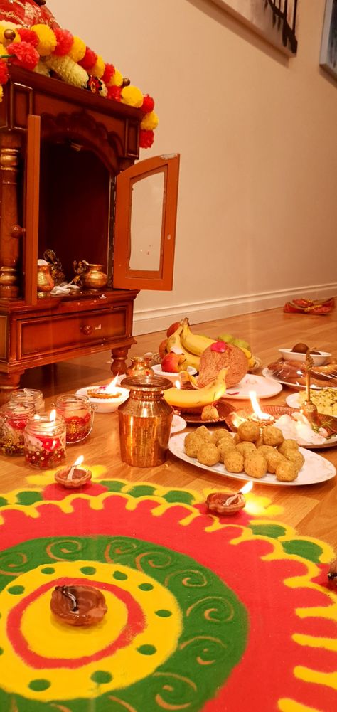 Sweets, Fruits, Colourful patterns, Goddess Laxmi and Lots of Light Laxmi Puja Rangoli, Laxmi Puja, Diwali