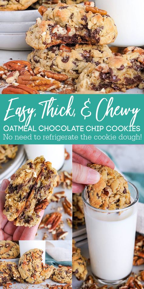 Thick Oatmeal Chocolate Chip Cookies with Quaker Oats and Pecans! Bakery Style Large and Chewy Cookie Chocolate Chip Oatmeal Cookies are the perfect cookie dessert recipe packed with add-ins for thick bakery style cookies! #lemonpeony #bakerystyle #oatmealchocolatechip #cookierecipe #desserts #cookies Big Oatmeal Chocolate Chip Cookies, Bakery Oatmeal Chocolate Chip Cookies, Large Oatmeal Chocolate Chip Cookies, Thick And Chewy Oatmeal Cookies, Thick And Chewy Cookies, Oatmeal Chocolate Chunk Cookie Recipe, Thick Oatmeal Chocolate Chip Cookies, Giant Oatmeal Cookies, Thick Chewy Oatmeal Cookies