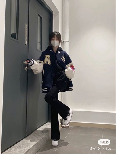 Navy Varsity Jacket Outfit, Navy Blue Varsity Jacket Outfit, Navy Jacket Outfit Aesthetic, Navy Varsity Jacket For Fall Streetwear, Navy College Style Outerwear For Streetwear, Navy Blue Varsity Jacket, Navy Varsity Jacket, Blue Varsity Jacket, City Dark