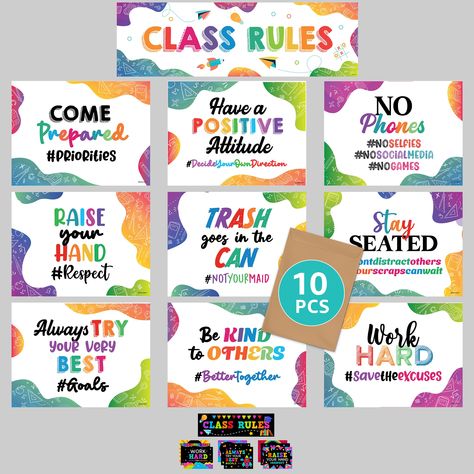 PRICES MAY VARY. ESTABLISH EXPECTATIONS - Forming 1 cohesive banner when the 3 parts are attached, this class room rules poster can capture kids' attention. It includes 9 classroom rules poster preschool to remind kids of the expected behavior inside the class. ENCOURAGE RESPONSIBILITY - This classroom rules bulletin board set highlights the value of being responsible and accountable for one's actions. This classroom rules decor & classroom rules signs aim to foster an atmosphere of respect for Classroom Rules Poster Elementary, Middle School Classroom Rules, Classroom Rules Decoration, Classroom Posters Middle School, Rules Banner, Classroom Rules Sign, Classroom Expectations Poster, Class Rules Poster, Room Rules