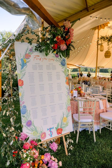 Charlestown Wedding - Nicole Simeral Wedding & Events Colorful Wedding Seating Chart, Spring Wedding Ideas Colors, Bright Wedding Theme, Spring Wedding Aesthetic, Colorful Wedding Decor, Bold Wedding Colors, Wedding Floral Arch, Whimsical Wedding Theme, Wildflower Wedding Theme