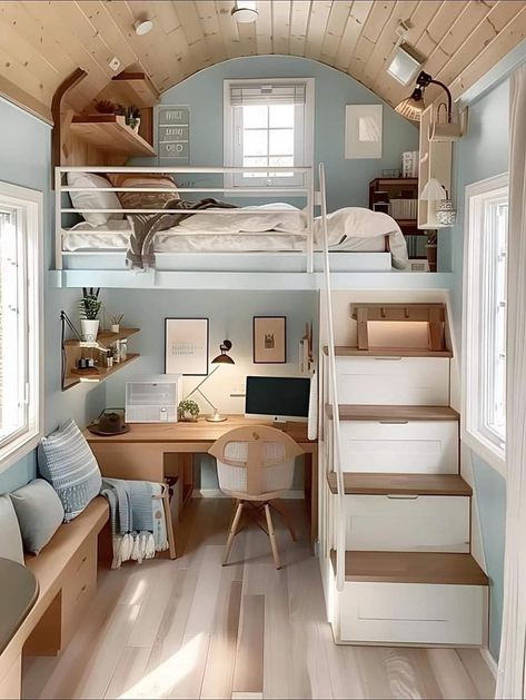 Loft Room Design Ideas, Kids Loft Room, Mint Room Studios, Loft Bedroom Ideas For Small Rooms, Mini Loft House, Two Level Bedroom, Small Loft Bedroom Ideas, Super Small Room Ideas, Really Small Room Ideas