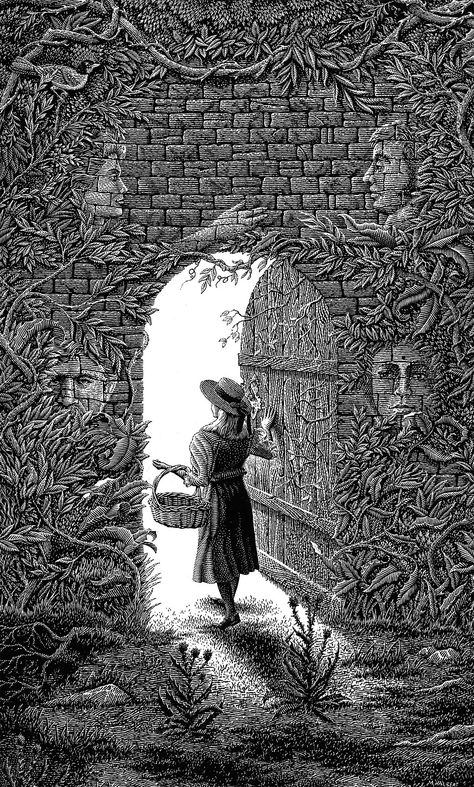 Scratchboard Artists, Scratchboard Illustration, Scratchboard Drawings, Conceptual Illustrations, Secret Garden Book, Scratchboard Art, Garden Illustration, Conceptual Illustration, The Secret Garden