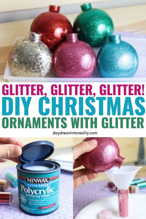 Sparkly Christmas Ornaments Diy, Clear Ornament Filler Ideas, Glitter Balls Ornaments, How To Make Glitter Christmas Bulbs, Diy Glitter Ball Ornaments, Glitter Plastic Ornaments Diy, Making Glitter Ornaments, Glitter Glass Ornaments Diy, How To Make A Glitter Ornament